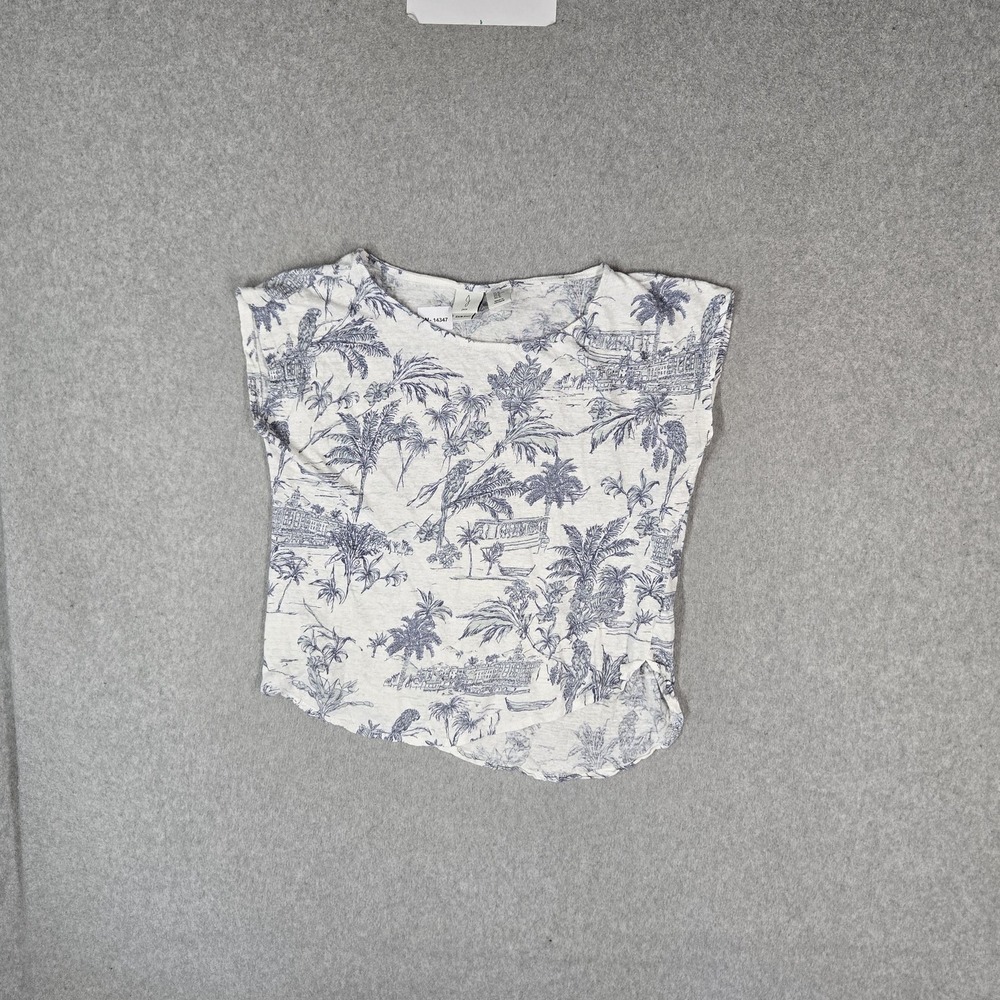 Joie Women Shirt US: XL White Linen Floral Scoop Neck Pullover Short‎ Sleeve